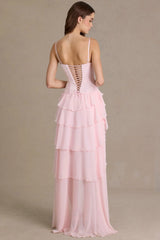 Embellished Cowl Neck Corset Gown in Baby Pink