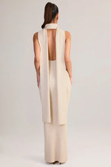 Rib Knit Scarf Detail Halterneck Maxi Dress in Cream