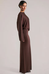 Long Sleeve Draped Maxi Dress in Chocolate Brown