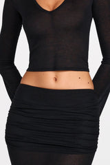 Sheer Jersey Low Rise Draped Maxi Skirt in Black