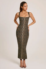 Modal Square Neck Bodycon Midi Dress in Leopard Print