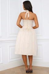 Halterneck Lace Up Ruched Corset Midi Dress in Ivory