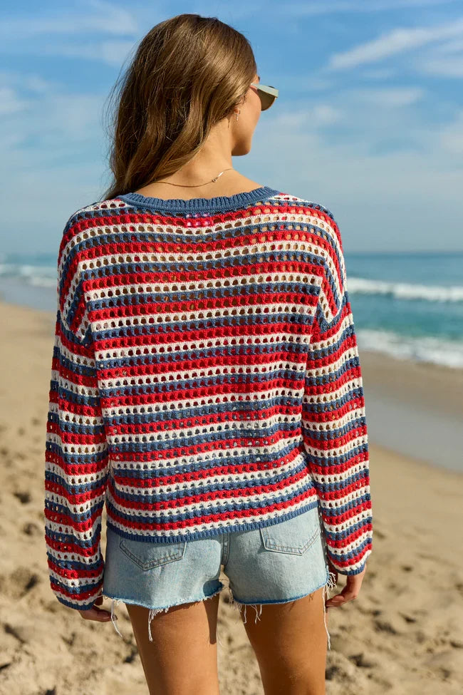 Chasing Rainbows Striped Crochet Sweater