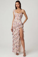 Asymmetric Ruffled Lace Up Gown in Primrose Floral Print