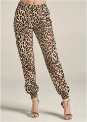 Faux Suede Leopard Print Cargo Pants Brown Multi