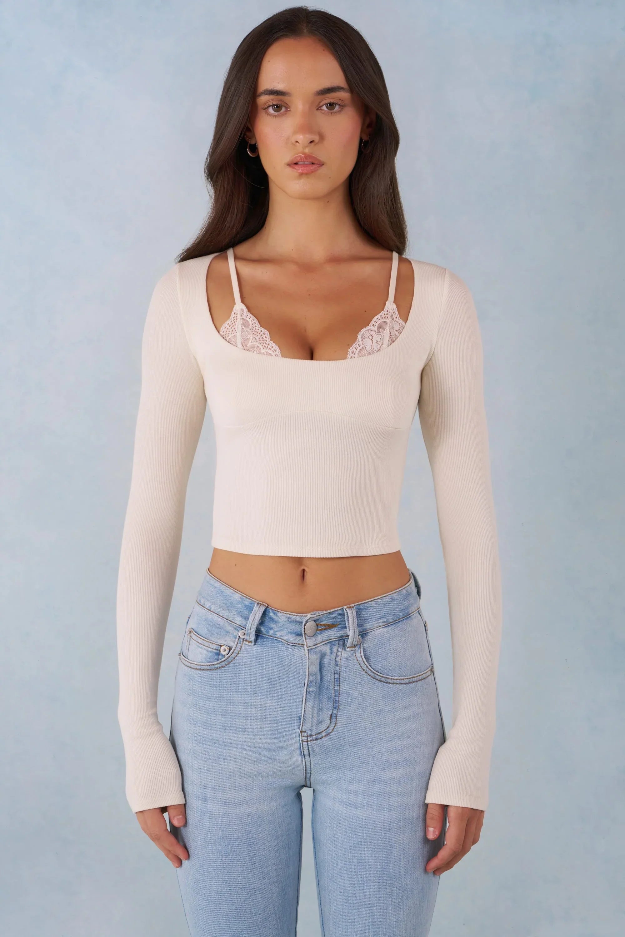 Ribbed Modal Long Sleeve Laced Bra Top in Ivory