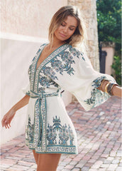 Linen Tie Waist Romper White Multi