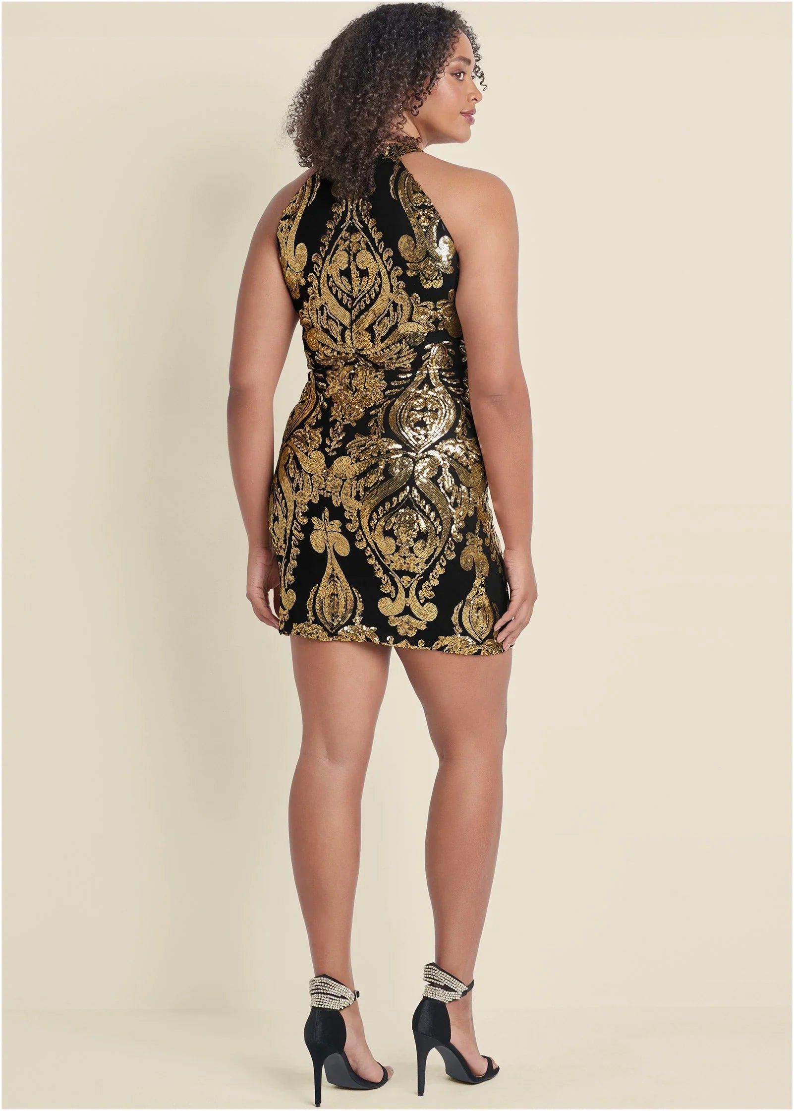 Embroidered Sequin Mini Dress Black Gold
