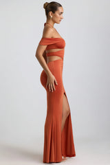 Slinky Jersey Cut Out Halterneck Gown in Burnt Orange
