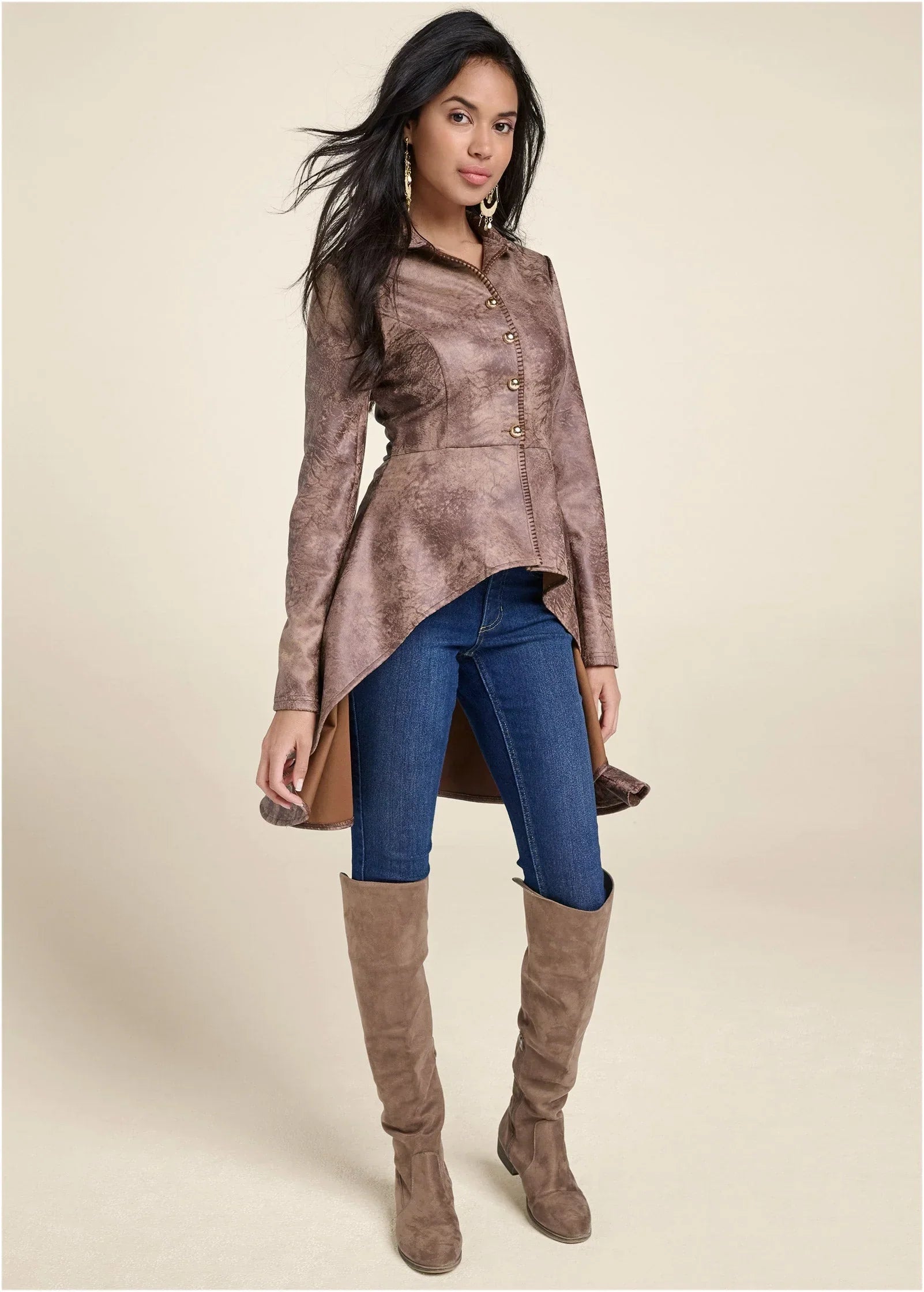 Distressed Faux Suede Scuba Hi Low Jacket Brown Multi