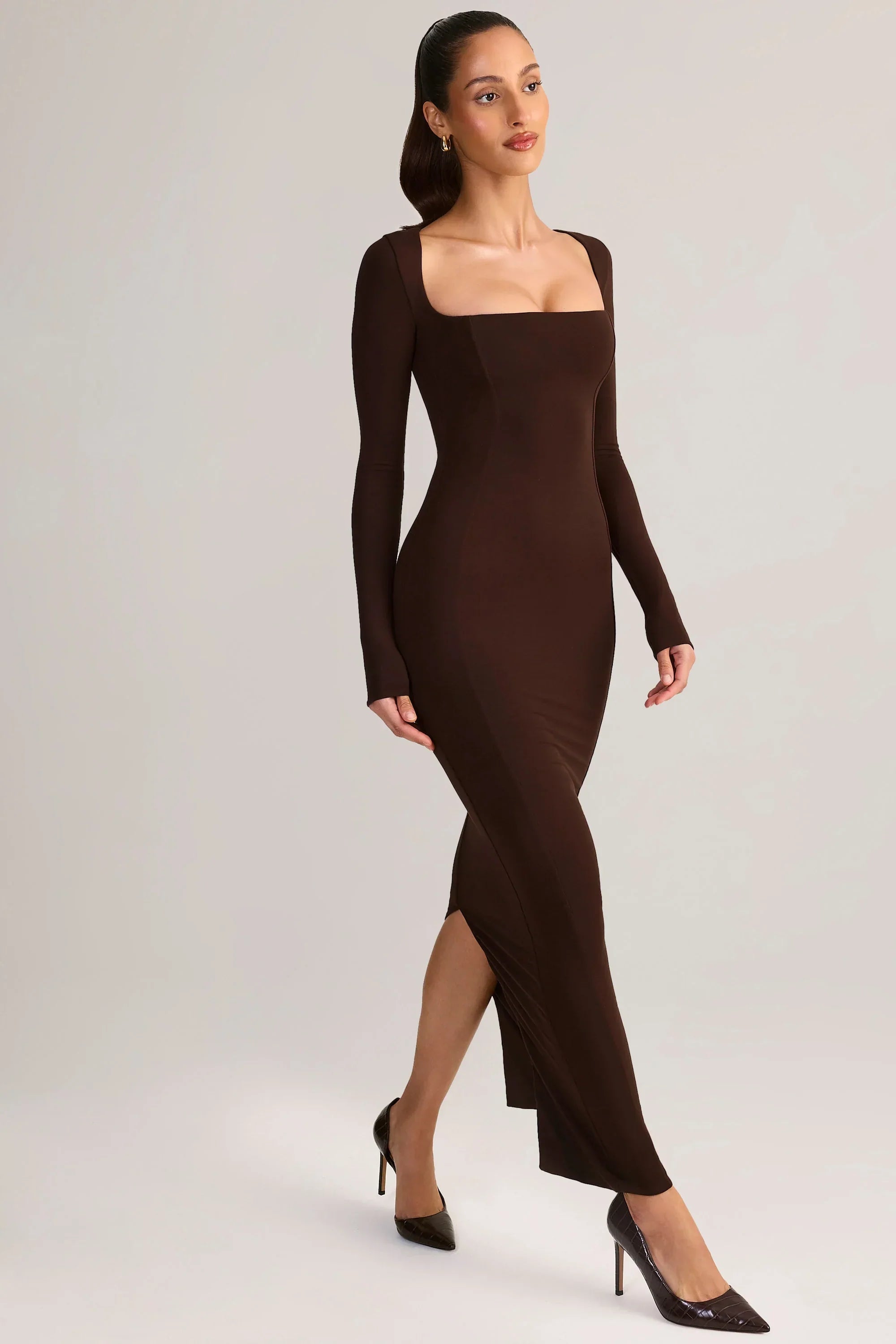 Modal Square Neck Bodycon Maxi Dress in Chocolate Brown