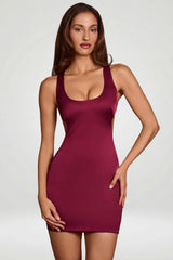 Scoop Neck Lace up Back Mini Dress in Wine Red
