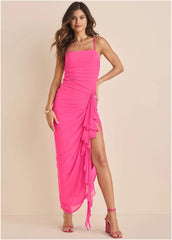 Side Ruffle Mesh Maxi Pink