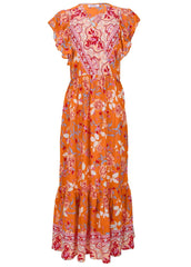 Flutter Sleeve Midi Dress Orange Multi