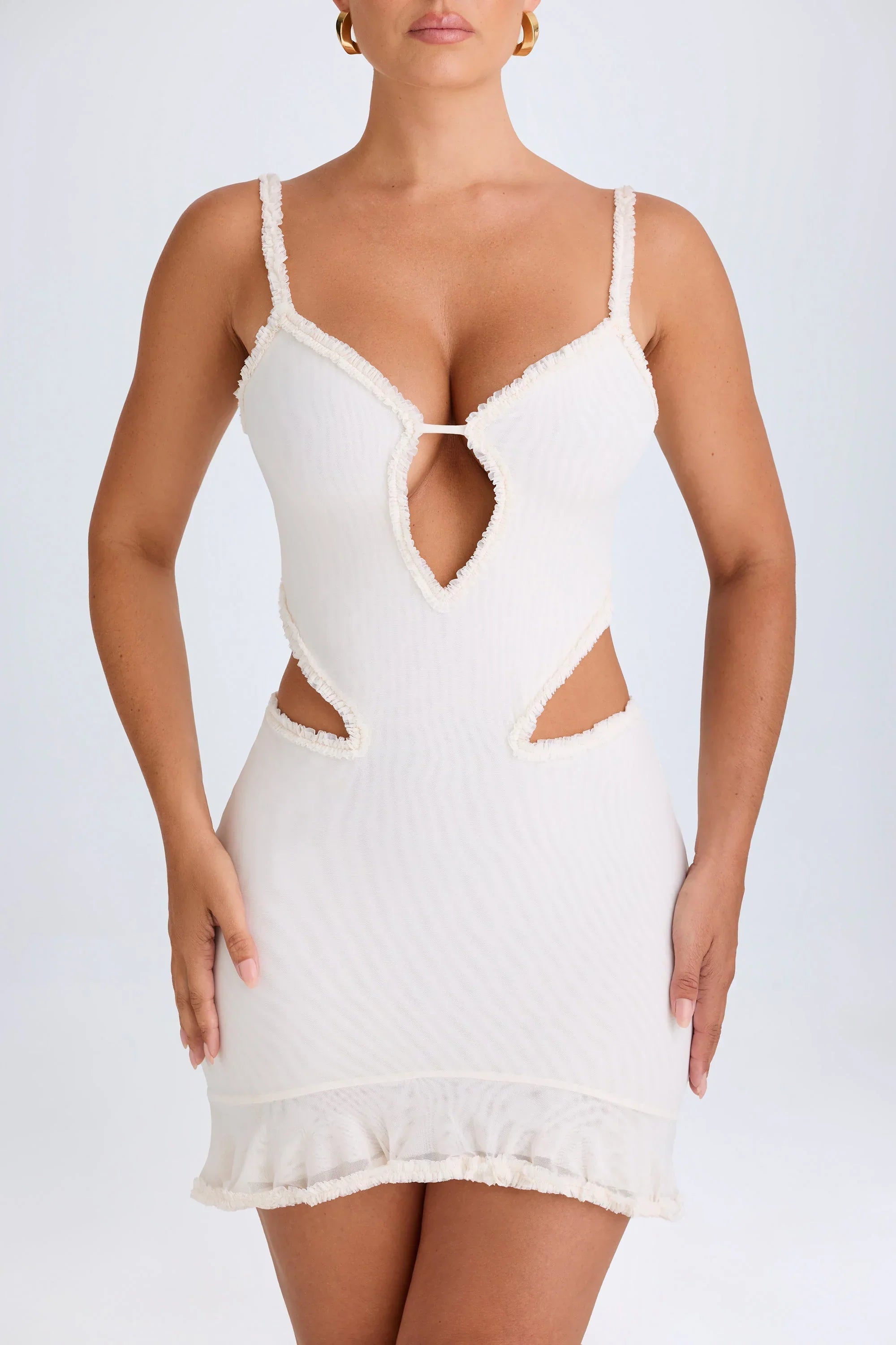 Ruffle Appliqué Cut Out Mini Dress in White