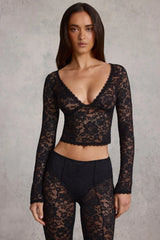 Sheer Lace Plunge Neck Long Sleeve Top in Black