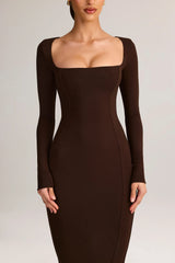 Modal Square Neck Bodycon Maxi Dress in Chocolate Brown