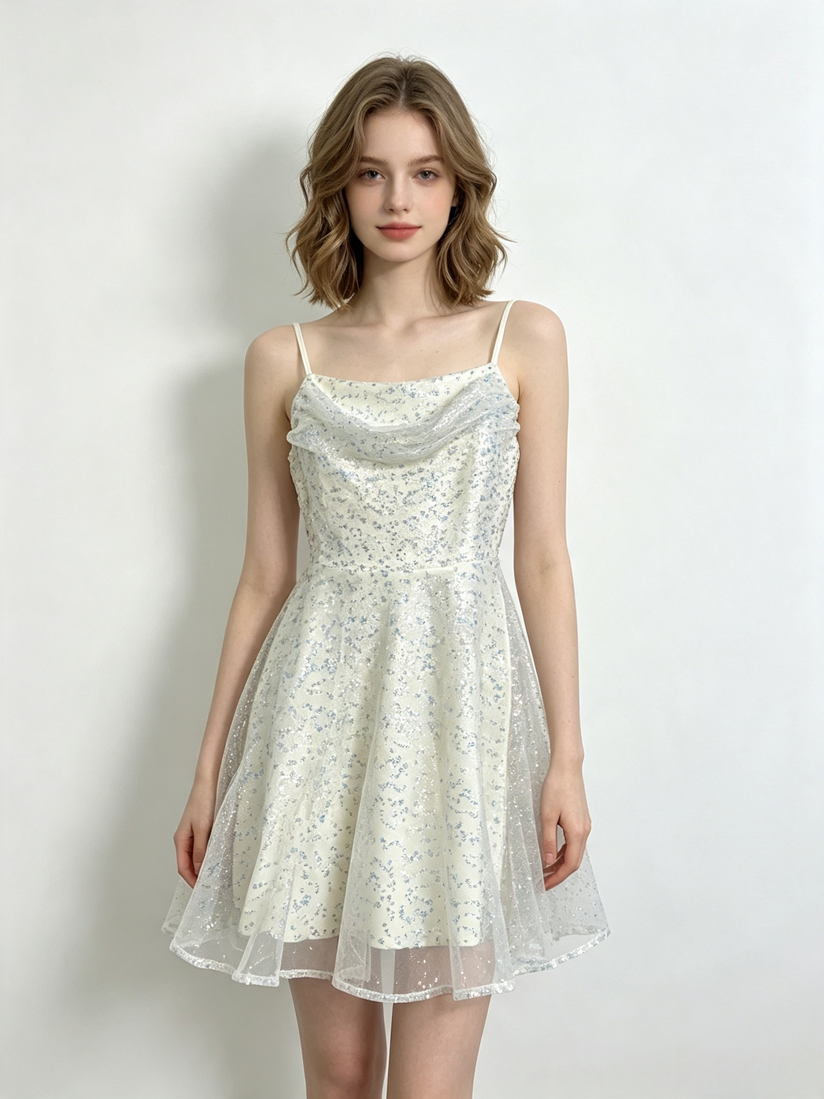 Cream Sequin Tulle Cowl Slip Mini Dress