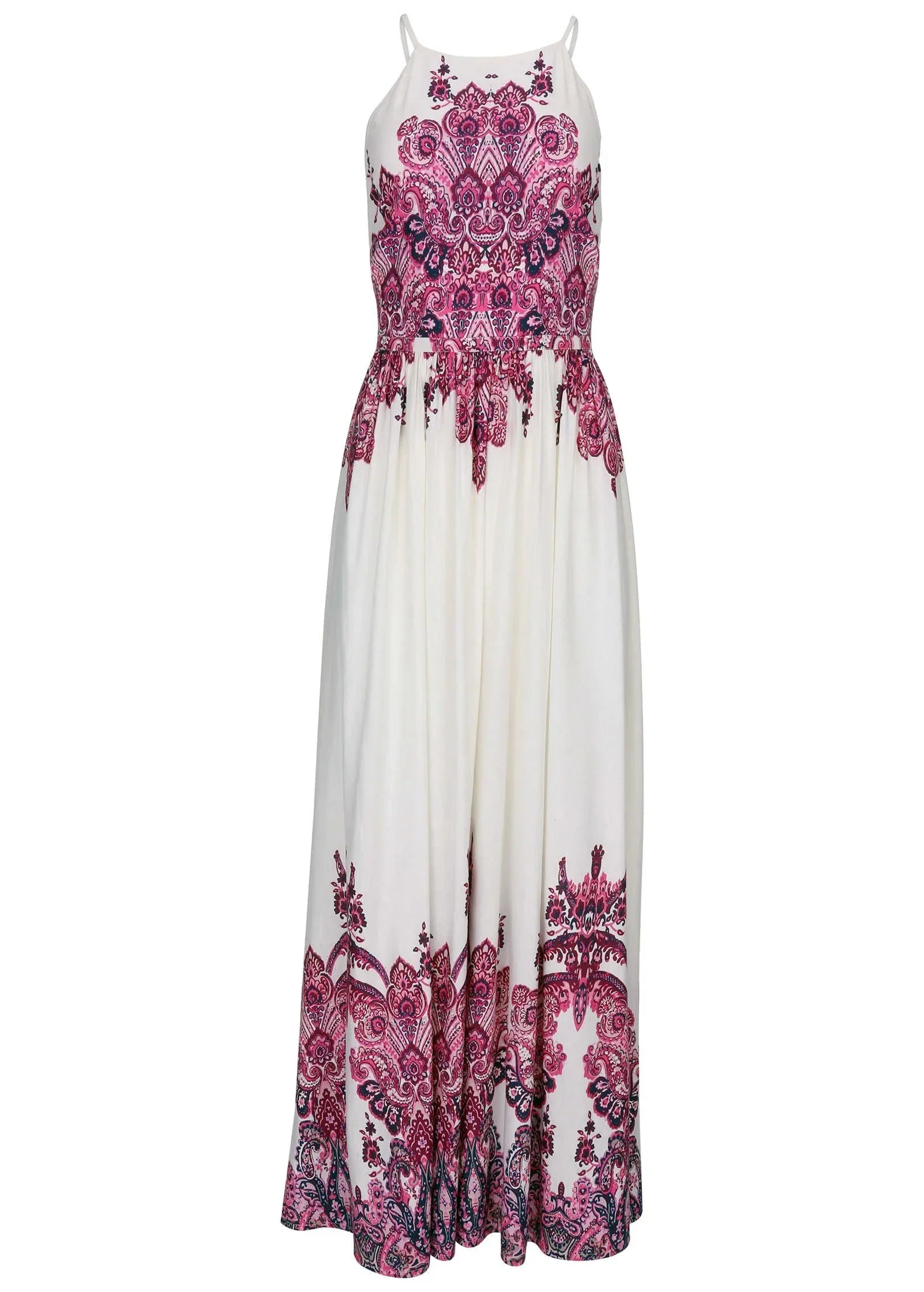 Printed Linen Maxi Dress Pink Boho Paisley Border