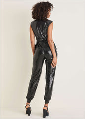 Sleeveless Sequin Jogger Jumpsuit Jet Black