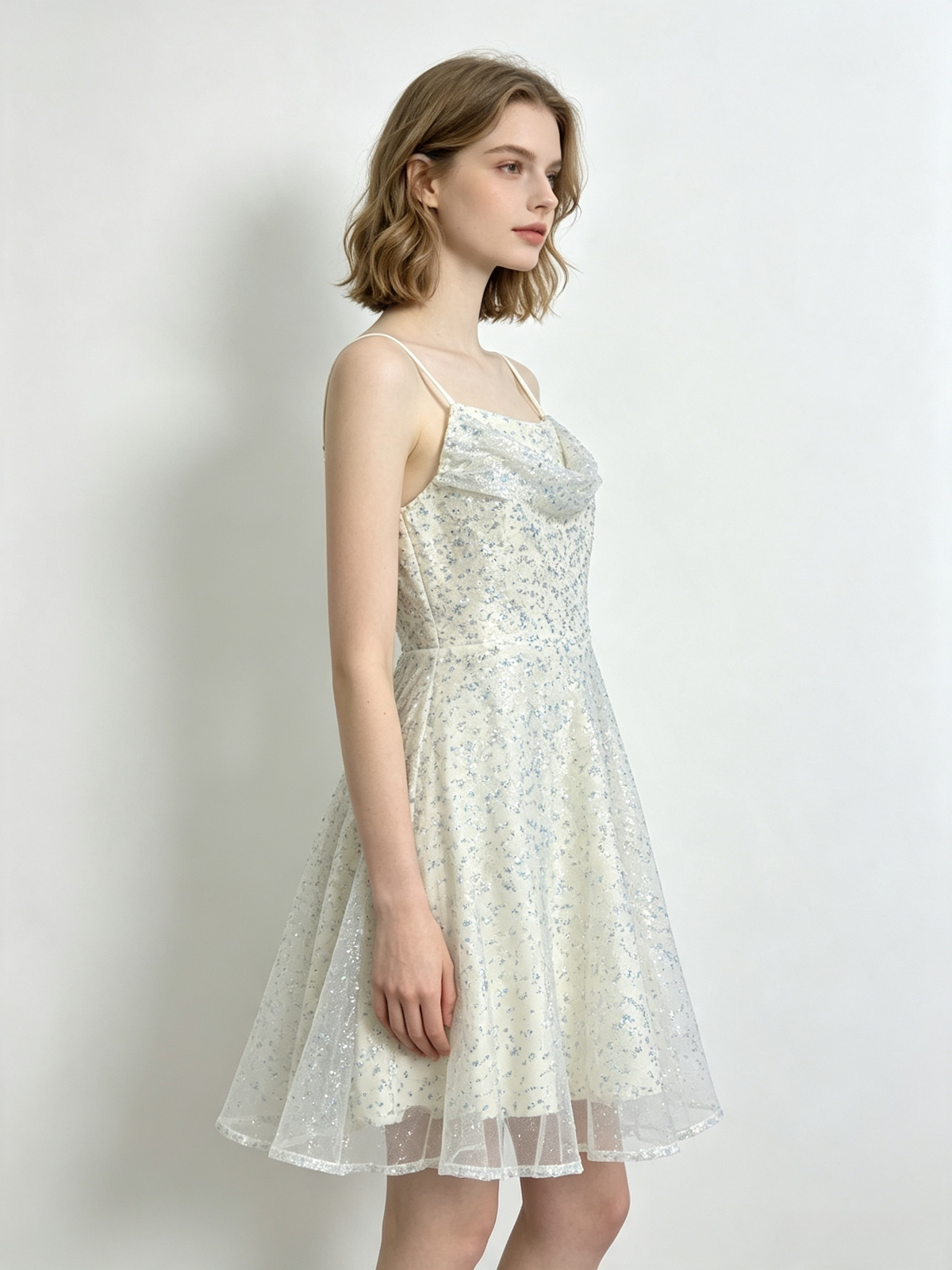 Cream Sequin Tulle Cowl Slip Mini Dress