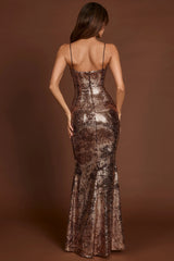 Embellished Straight Neck Maxi Dress in Black Gold Foil