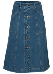 Wavy Denim Midi Skirt Medium Wash