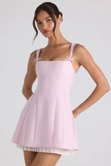 Bow Detail Pleated A Line Mini Dress in Soft Pink