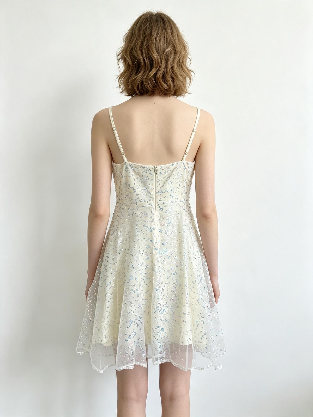 Cream Sequin Tulle Cowl Slip Mini Dress