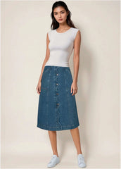 Wavy Denim Midi Skirt Medium Wash