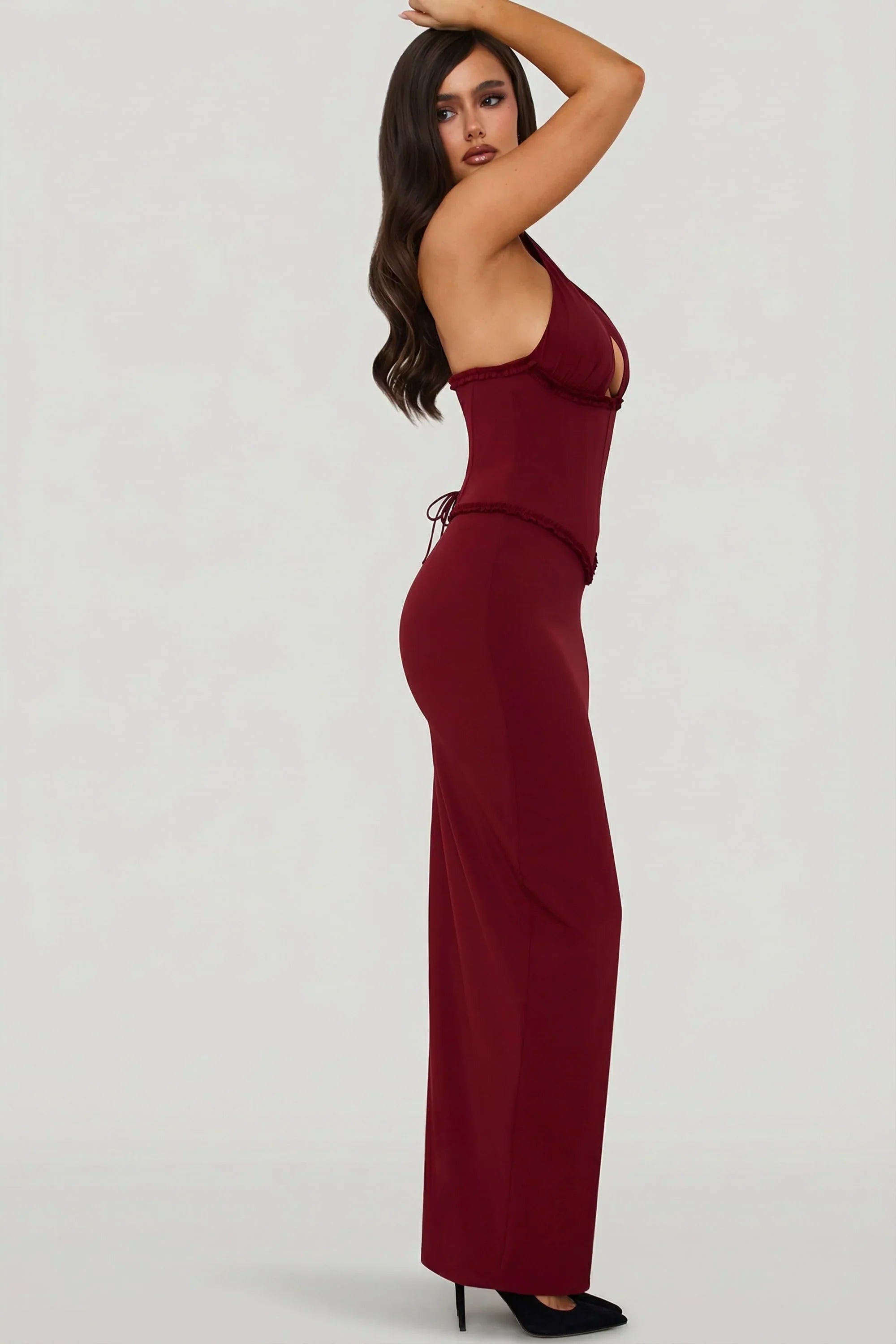 Halterneck Lace Up Corset Maxi Dress in Berry Red