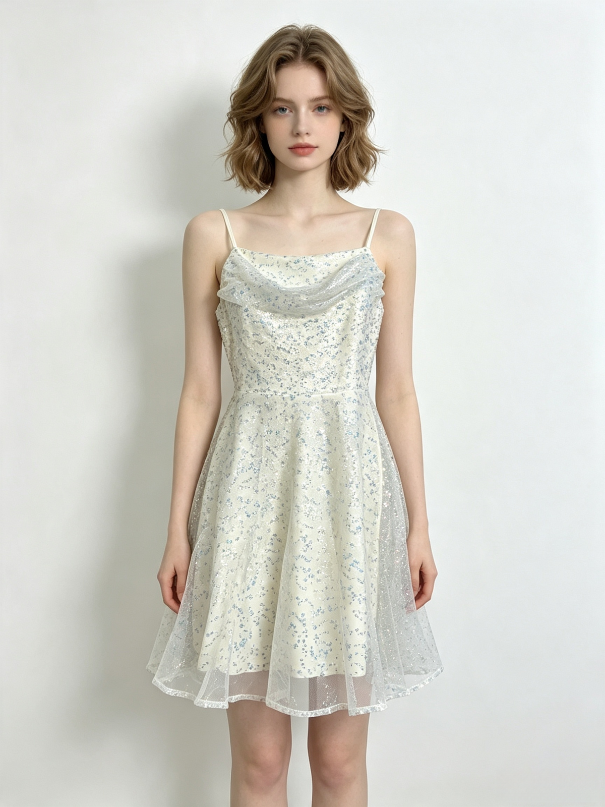 Cream Sequin Tulle Cowl Slip Mini Dress