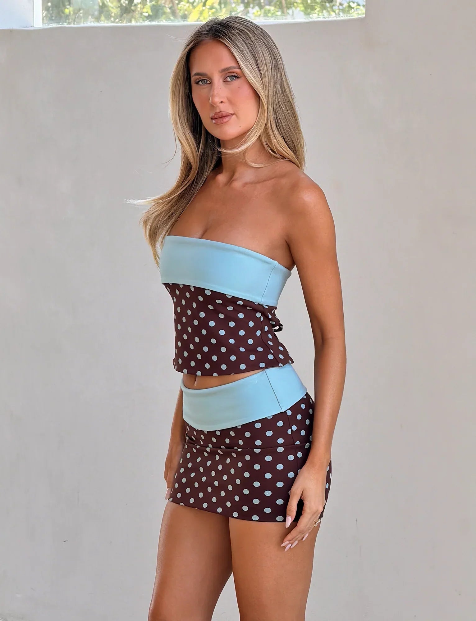 IMOGEN MINI SKIRT BROWN AND BLUE POLKA DOT