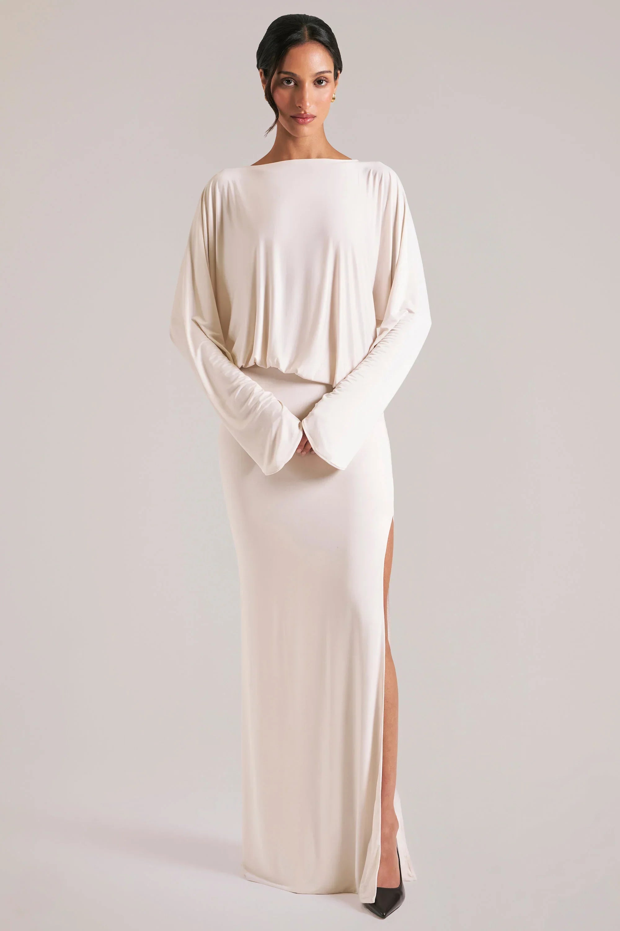 Long Sleeve Draped Maxi Dress in Vanilla