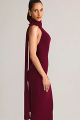 Rib Knit Scarf Detail Halterneck Maxi Dress in Wine