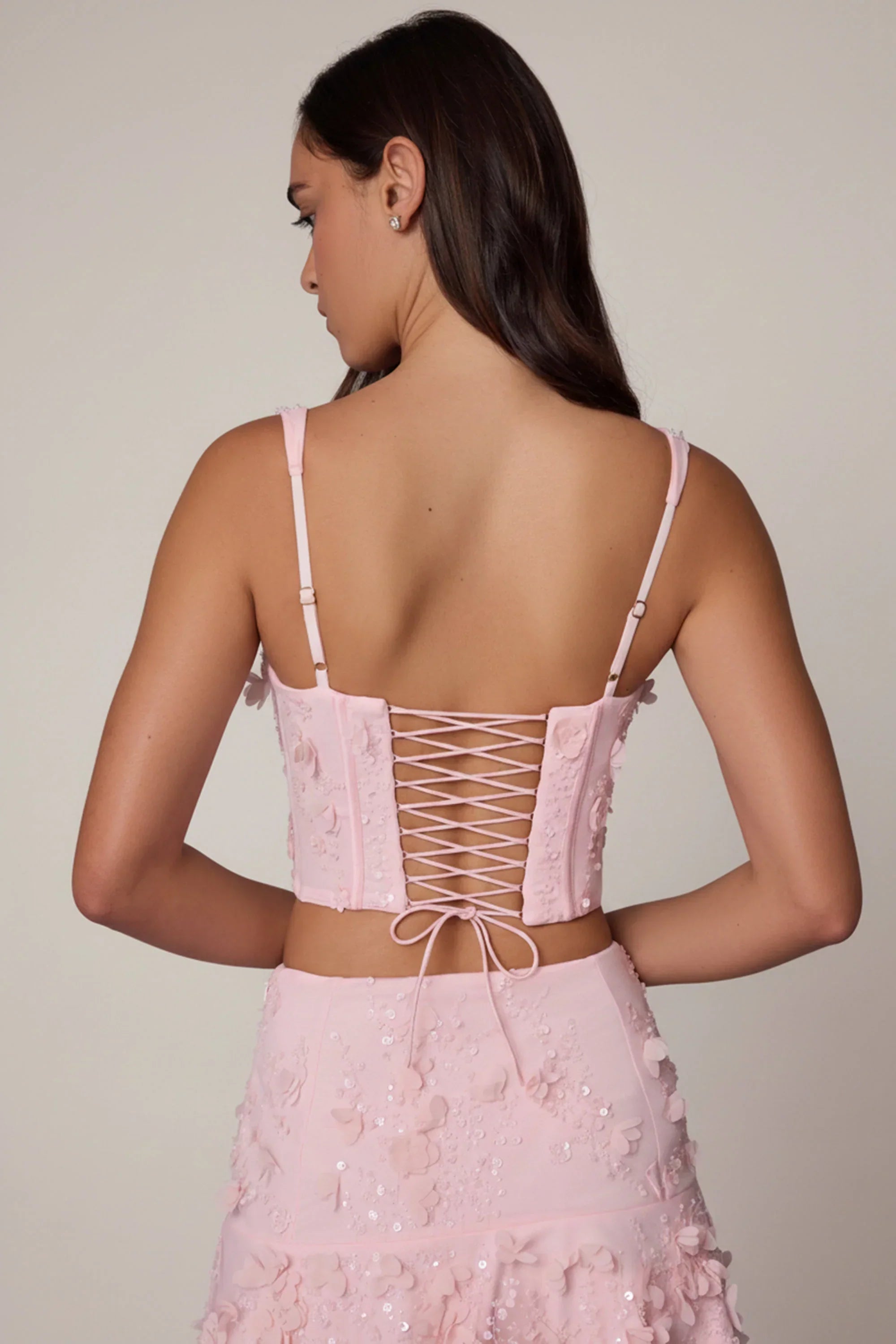 Embellished Lace Up Corset Top in Soft Pink