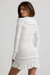Ruffle Trim Pointelle Knit Mini Dress in White
