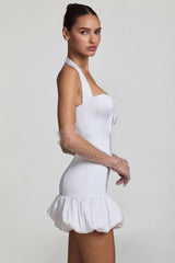 Bow Detail Halterneck Bubble Hem Mini Dress in White