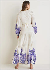 Printed Linen Two Piece Set Purple Paisley Border