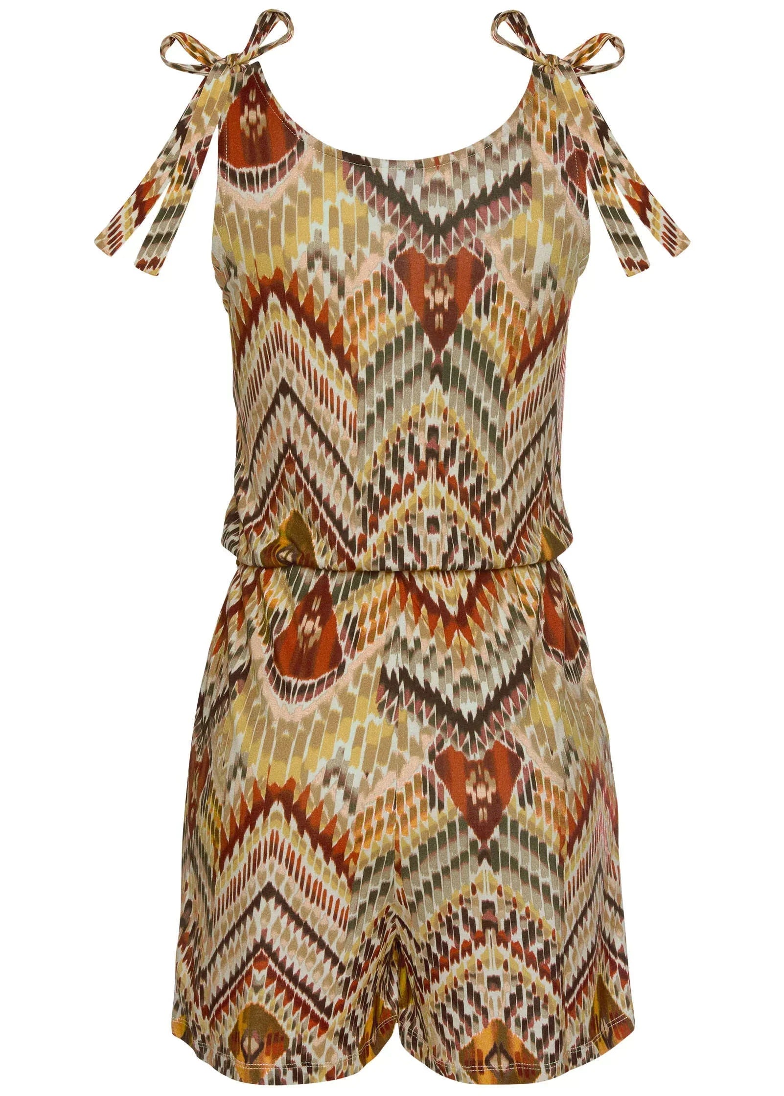 Tie Shoulder Romper Brown Multi