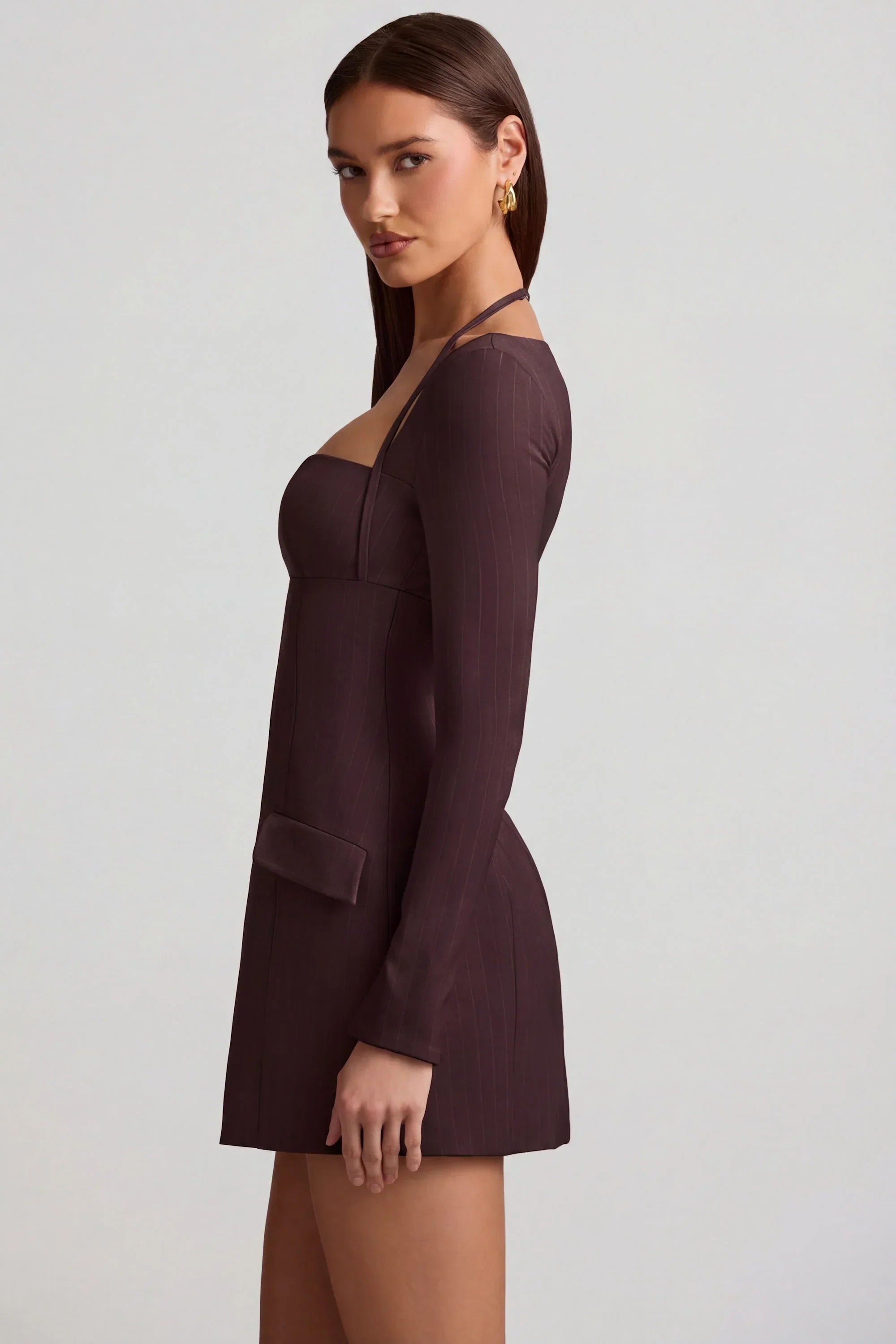 Pinstripe Structured A Line Mini Dress in Chocolate Brown