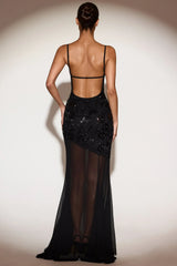 Embellished Sweetheart Neck Backless Gown in Black