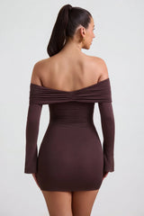 Modal Cashmere Blend Off Shoulder Ruched Mini Dress in Espresso