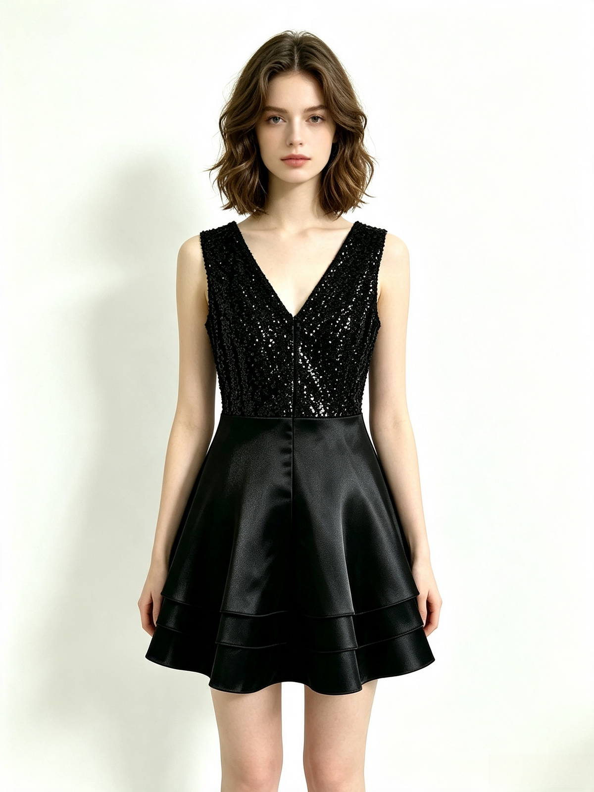 Black Sequin V-Neck Mini Dress