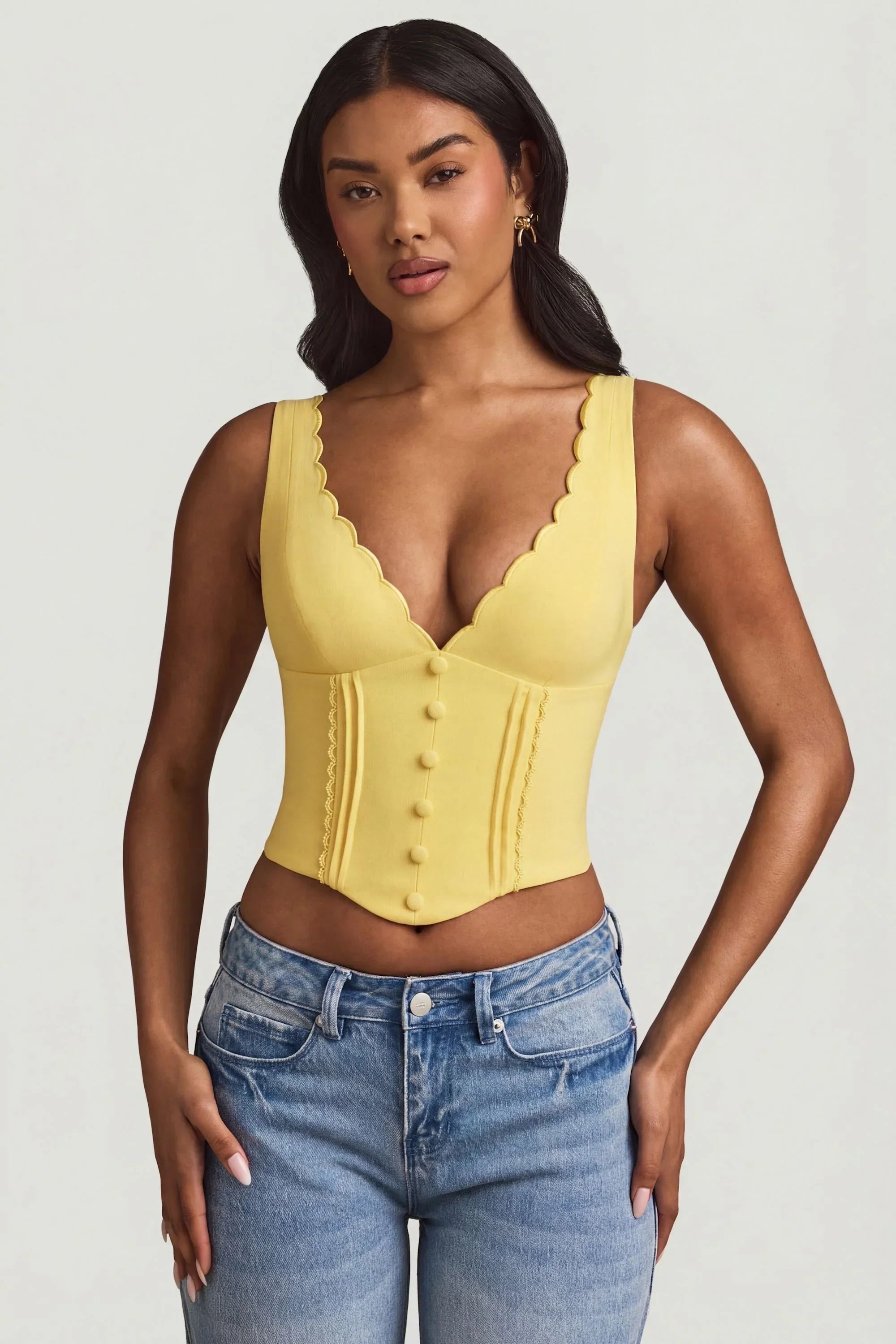 Plunge Neck Scalloped Corset Top in Pastel Yellow