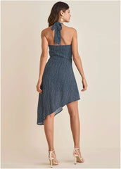 Halter High Low Dress Navy Dot Stripe