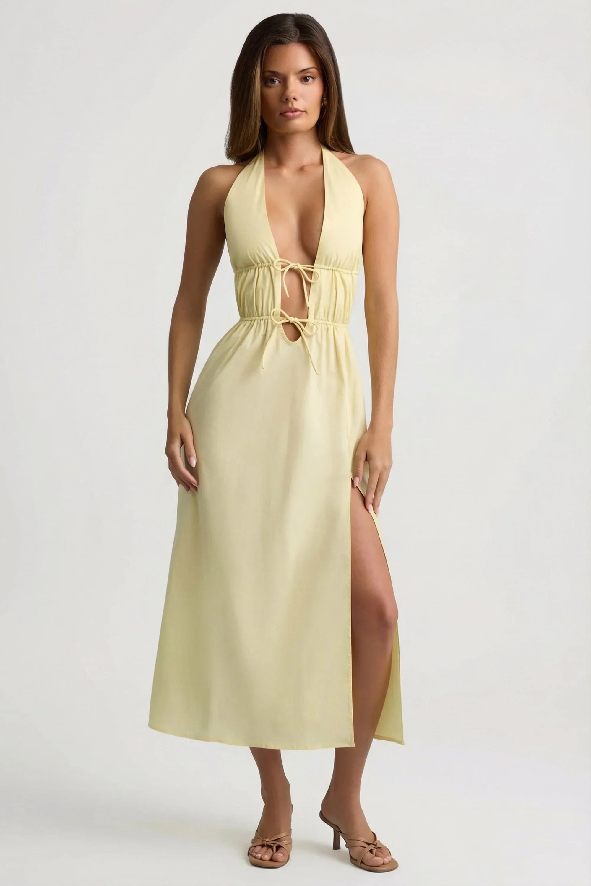 Backless Cotton Poplin Midaxi Dress in Lemon Yellow