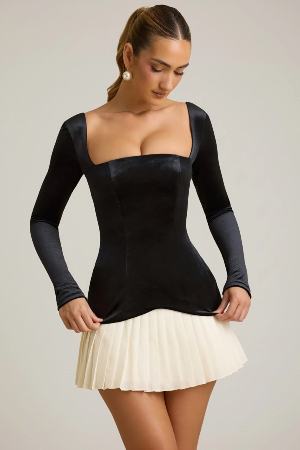 Layered Pleated Corset Mini Dress in Black