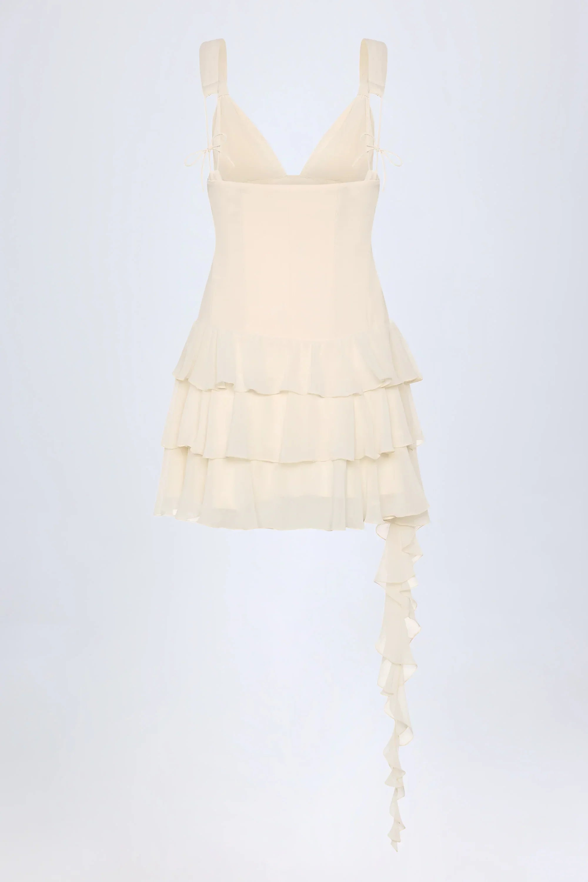 Lace Up Ruffled Tiered Mini Dress in Ivory