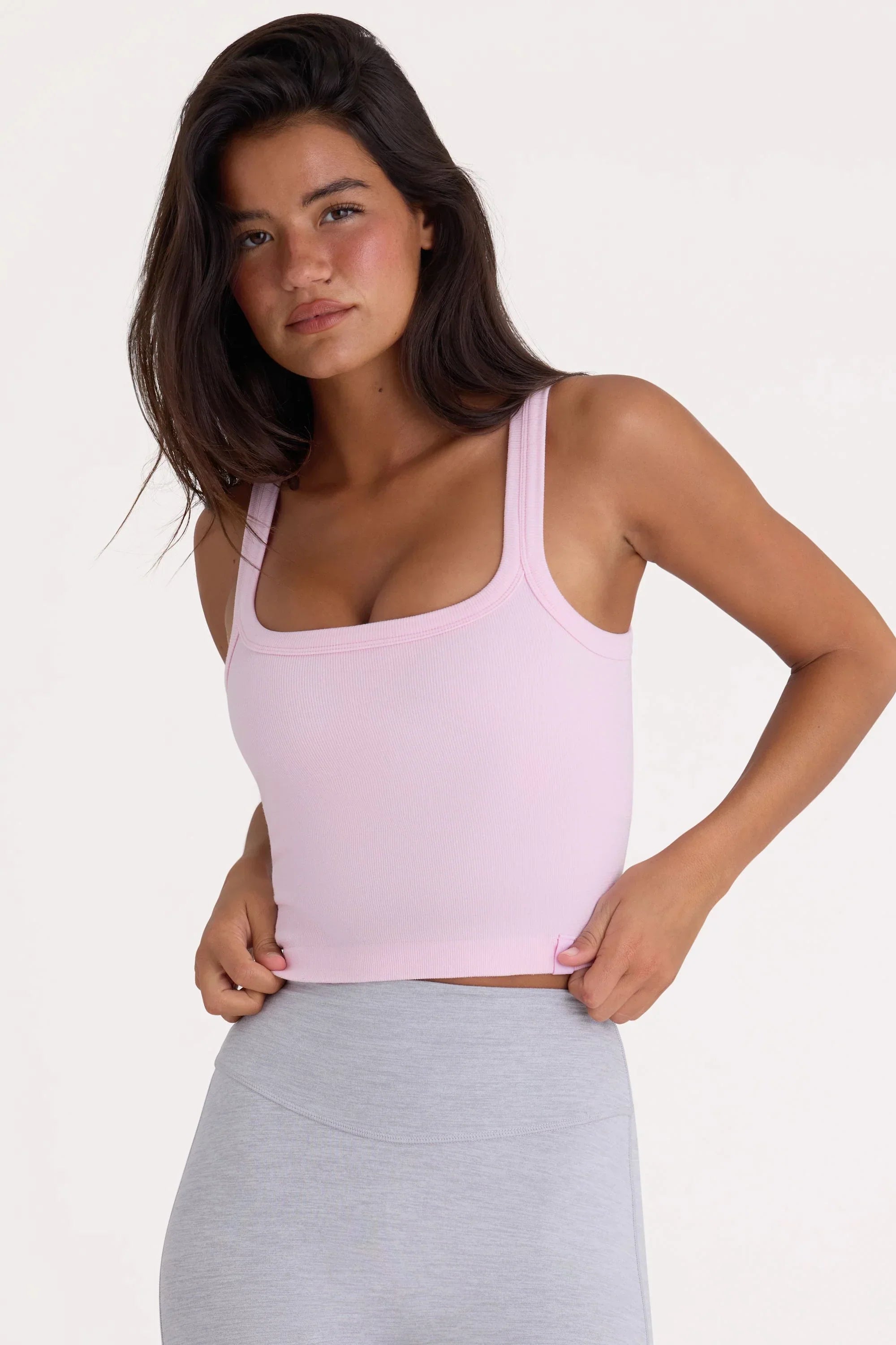 Seamless Soft Rib Square Neck Tank Top in Powder Pink